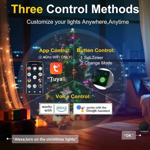 PYYNA-Smart WiFi LED Christmas Lights, APP-Controlled RGB Fairy String Lights, Ideal for Xmas Tree, Garden, Home, Party, Halloween Festival Deco (33ft-100LED)