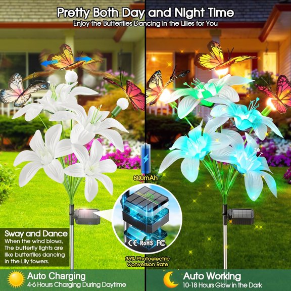 PYYNA-Solar Lily Lights with Swaying Butterflies, Upgraded Garden Solar Lights Outdoor Decorative, Waterproof Color Changing Garden Decor for Outside Yard Lawn Pathway Gift for Mom Women Grandma