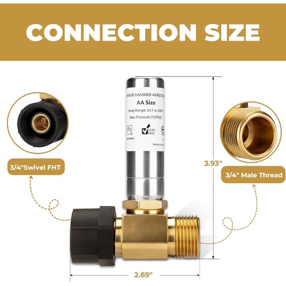 PYYNA-Stainless Steel Water Hammer Arrestor, 7/8" Female Swivel Ballcock Nut X 3/4" Male Thread, Reduce Banging Noise in Toilets and Pipes, 1-Pack