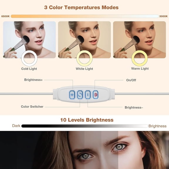 PYYNA-Suction Cup LED Vantiy Lights for Mirror, Flexible Gooseneck Stick on Selfie Ring Light for Makeup Vanity Table & Bathroom Mirror, 3 Color Modes & 10 Brightness, Plug in, Silver