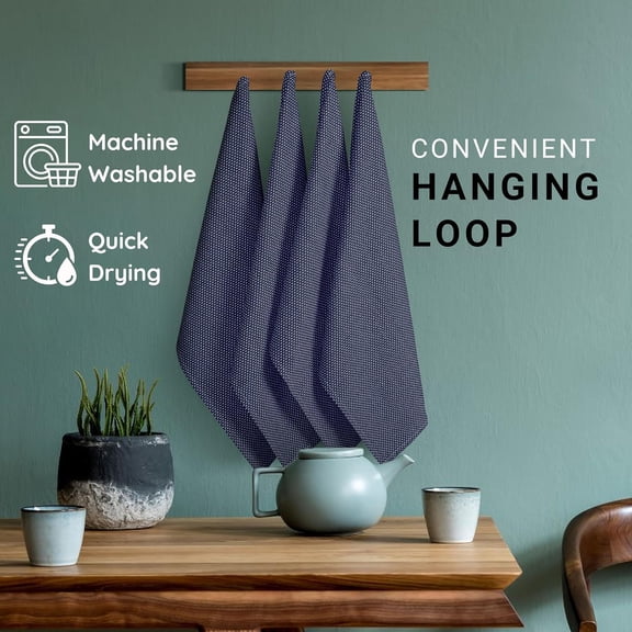 PYYNA-TWINY Threads 4 Pack Kitchen Towels, 100% Cotton, 18x28 Inches, Highly Absorbent & Soft, Quick-Dry Dish Towel Set with Hanging Loop, Washcloth for Cleaning, Washable for Everyday Use - Navy Blu