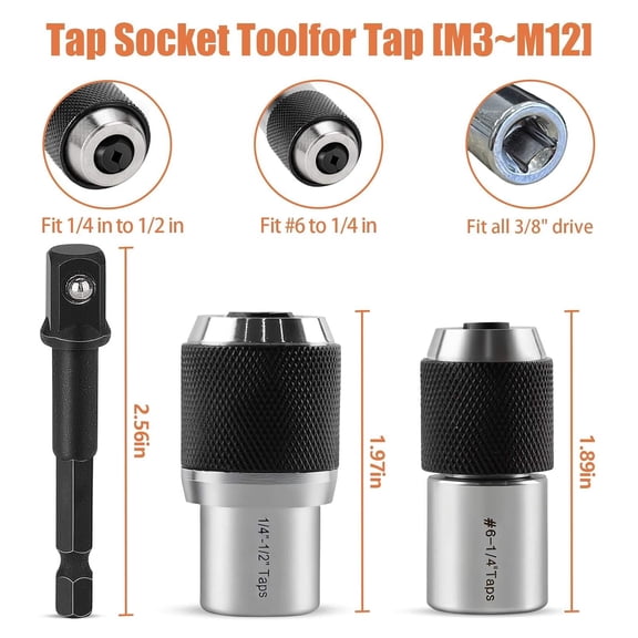 PYYNA-Tap Socket Set 3pcs with Adjustable Jaws, 3/8" Drive Tap Handle Tool for Reamers, Screw Extractors (#6-1/2"), Tap Extractor Set, Ratcheting Tap Handle