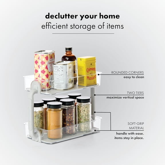 PYYNA-Tiered Spice Organizer, 8 Jars for Kitchen Essentials, Vertical Storage for Salt, Pepper, Cayenne, Soft-Grip Lining, Dual Handles, Grey