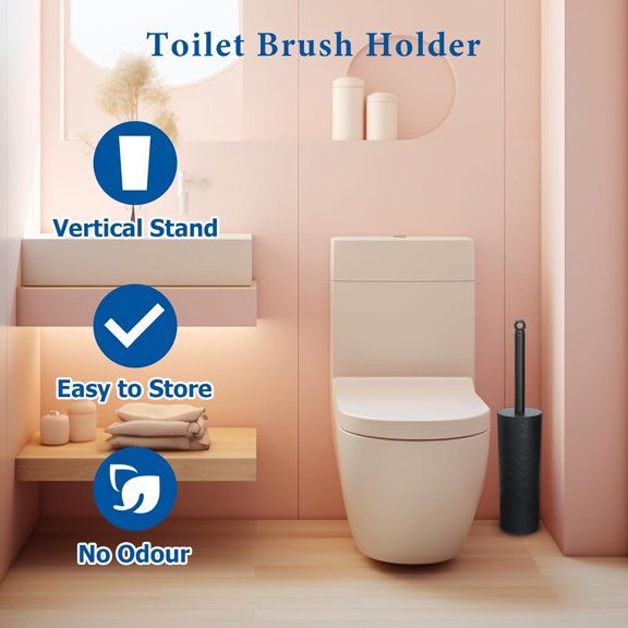 PYYNA-Toilet Brush,2 Pack Compact Toilet Brush & Holder Set,Plastic Round Barrel Loo Brush with 2 Replacement Toilet Brush Head,Durable for Bathroom Toilet,Black