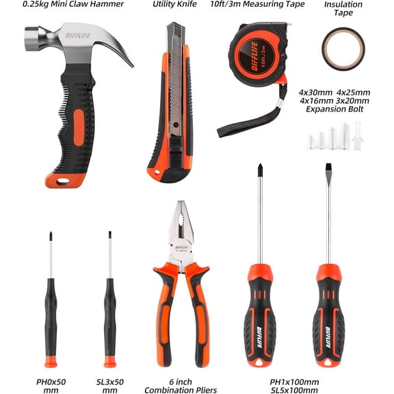 PYYNA-Tool Sets Household Tool Kit, 14-Piece General Home/Auto Repair Tool Set with Hammer, Pliers, Screwdriver Set and Toolbox Storage Case - Perfect for Homeowner, Diyer, Handyman (14-Piece)