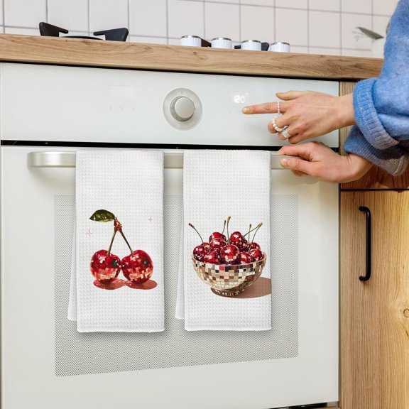 PYYNA-Trendy Red Cherry Kitchen Towels, Funky Retro Preppy Disco Cherry Ball Hand Dish Towels Decor, Fruit Decor Tea Towel for Kitchen Bathroom Decorative, Preppy Bathroom Decor, 16x24 Inch Set of 2