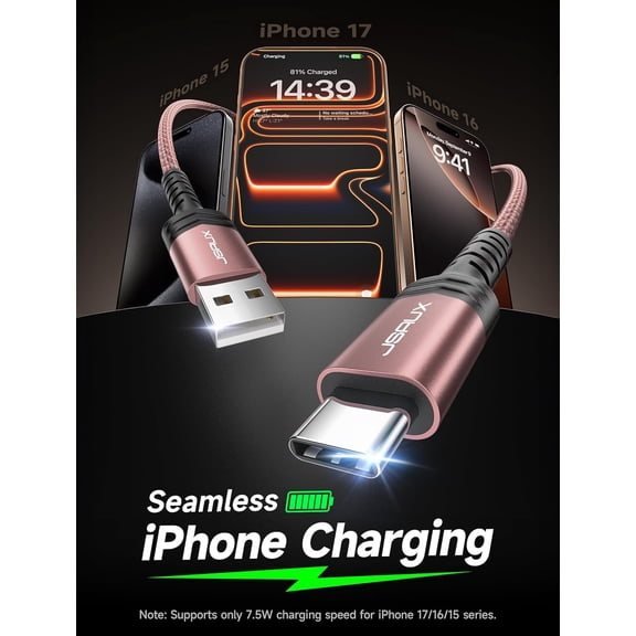 PYYNA-USB C Cable Fast Charging, 3-Pack (10ft+6.6ft+3.3ft) USB A to Type C Charge Cord for iPhone 17/17 Pro/17 Pro Max, iPhone 16/16 Pro/16 Pro Max, Samsung Galaxy S24 S22 S20, USB C Charger(Pink)