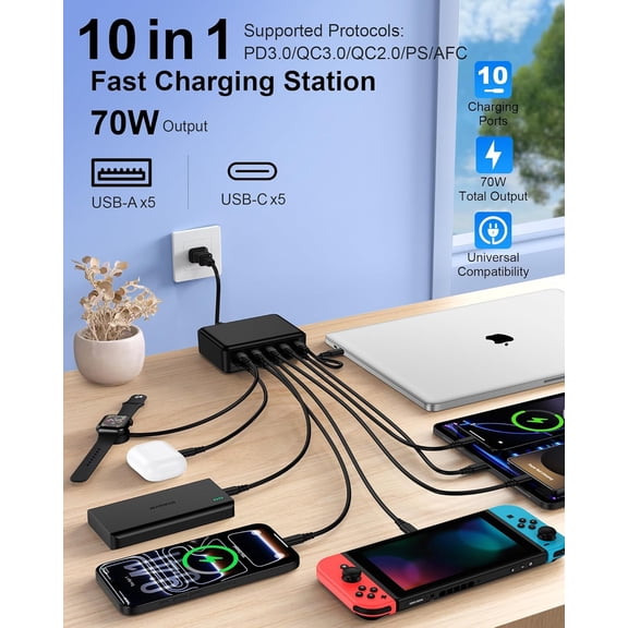 PYYNA-USB C Charger Station for Multiple Devices, 10-Port Desktop USBC Charging Hub with 5 USB-C & 5 USB-A Multi Ports, Fast Multiport Wall Charger Block Cube for iPhone 17 16 15 Pro Max iPad Plug Ou