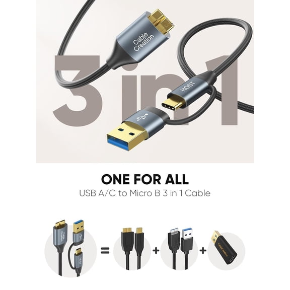 PYYNA-USB C Hard Drive Cable 3FT, 5Gbps USB A/C to Micro B, USB 3.0 Cable Compatible with iPhone 15 Plus/15 Pro Max, WD, External Hard Drive, and Camera, Grey