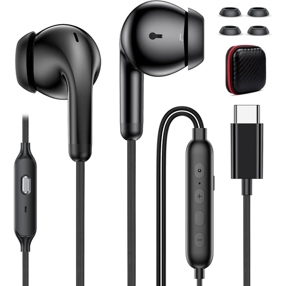 PYYNA-USB C Headphone with Preset EQ Mode Mute Mic Volume Control Type C Earphone in-Ear Noise Canceling USB-C Earbuds for iPhone 17 Pro Max 16 Plus 15 16e for iPad A16/Samsung S26 S25 S24 S23/Pixel