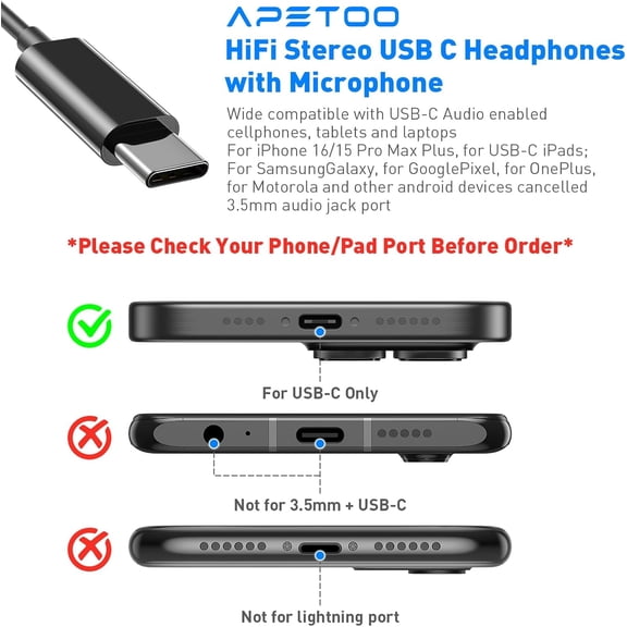 PYYNA-USB C Headphone for iPhone 17 16 15 Pro Max/iPad, HiFi Stereo Type C Earphones USB-C Wired Earbuds with Microphone Volume Control for Samsung S25/S26/S24/S23/S22/S21/Pixel/for OnePlus/Android