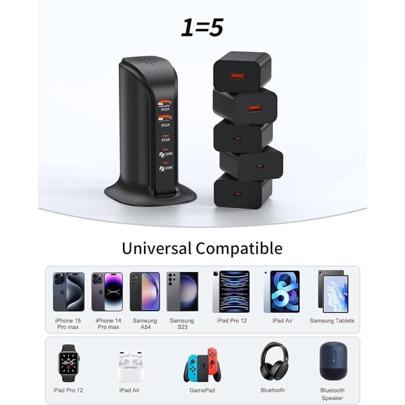 PYYNA-USB Charger 5 Ports USB C Charging Station PD 20W Fast Charging Hub for Multiple Devices iPhone, iPad and Tablets