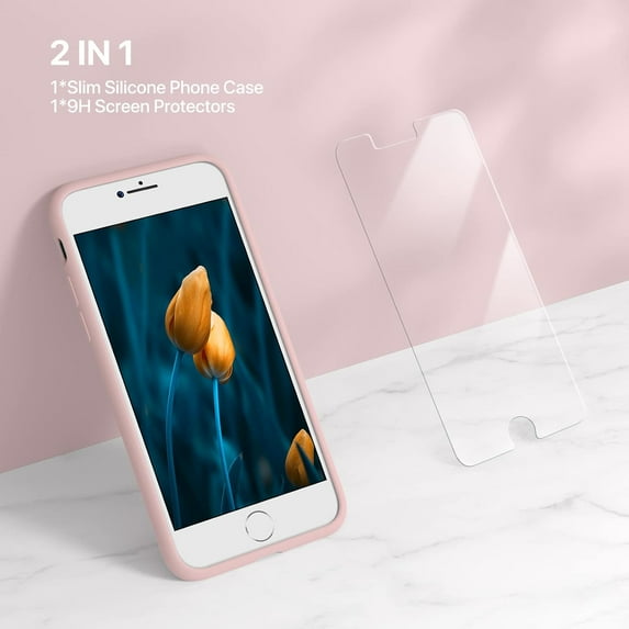 PYYNA-Ultra Slim Designed for iPhone SE Case 2022(3rd Gen)/iPhone SE 2020(2nd Gen)/iPhone 7/iPhone 8 Cases with Screen Protector, Multi-Color Silicone Shockproof Phone Case(Sand Pink)