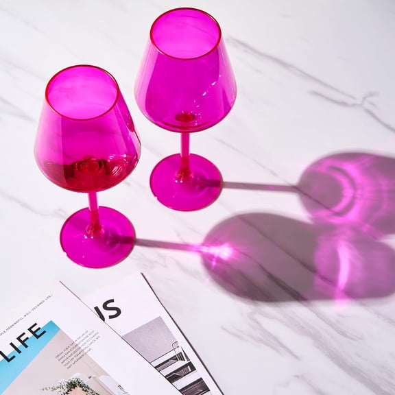 PYYNA-Unbreakable Hot Pink Wine Glasses, Pool Floating | Set of 2 | Tritan Drinkware, Unbreakable Colored Magenta & Blush Pink Classic, Glasses Shatterproof BPA-free plastic Red & White 15oz