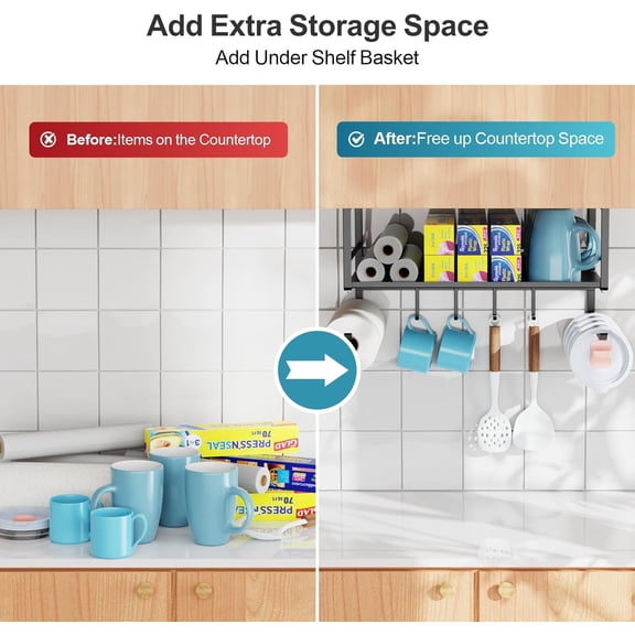 PYYNA-Under Shelf Basket- Multi-Purpose Under Shelf Storage Mug Hooks, Add Extra Storage Space Under Cabinet with Paper Towel Holder and Coffee Cup Hooks, Easy to Get Items, Black