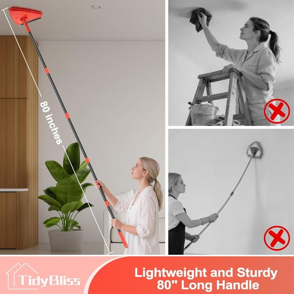 PYYNA-Wall Cleaning Mop with Long Handle 80, Ceiling Duster Scrubber with 360 Swivel Collapsible Head, Baseboard Cleaner Tool with 3 Chenille and 3 Microfiber Pads for Windows Floor (Red)