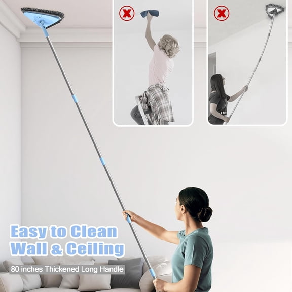 PYYNA-Wall Washer Mop with 80 Inch Long Handle, Wall and Ceiling Cleaner, 180 Folding Wall Scrubber with Long Handle, Triangle Baseboard Scrubber, 4 Chenille Duster & 2 Microfiber Pads
