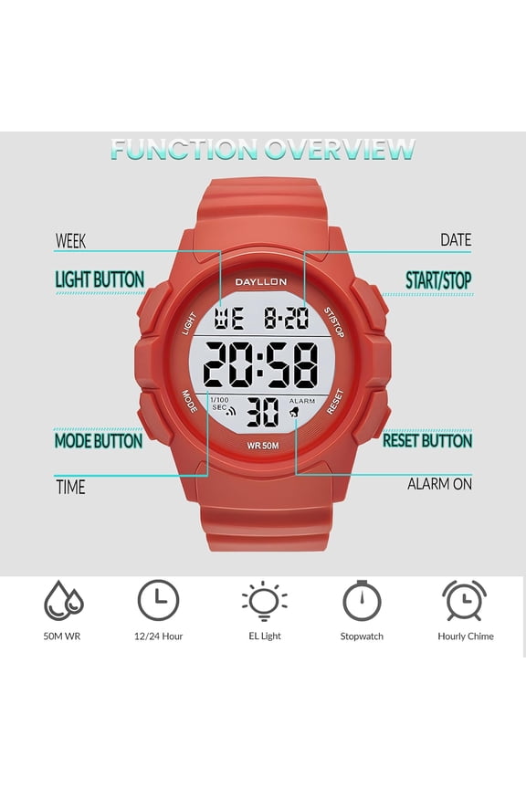 -Watch for Men Digital Sports Watches Waterproof Military Multifunction Chronograph Stopwatch Wristwatch with LED Backlight/Alarm/Date (Red)