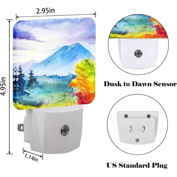 PYYNA-Watercolor Mountains and Forest Night Light,Plug Into Wall for Boys Girls Bedroom Decorative Square Night Light Lamp 0.5w Sleep Friendly