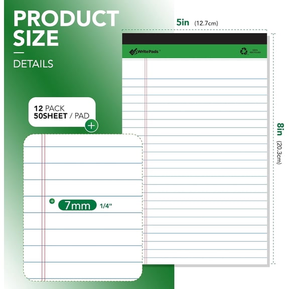 PYYNA-White Legal Pads Writing Pads 600 Sheets Recycled Paper 5"x8" Narrow Ruled Lined Paper Small Legal pad Perforated 50 sheets Hard Back Notepads Writing Tablet For Office Supplies Study (White 12