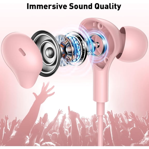 PYYNA-Wired Earbuds in-Ear Headphones 3.5mm Jack for Laptop/PC, Noise Isolation Small Earphones Corded Plug-in Ear Buds Mic Volume Control for iPhone/Samsung/Android/Gaming Console/Kid/School, Pink