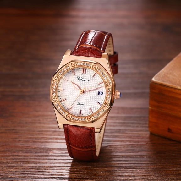 PYYNA-Women's Leather Strap Watches: Analog Quartz Wrist Watch with Luminous Hands and Auto Calendar
