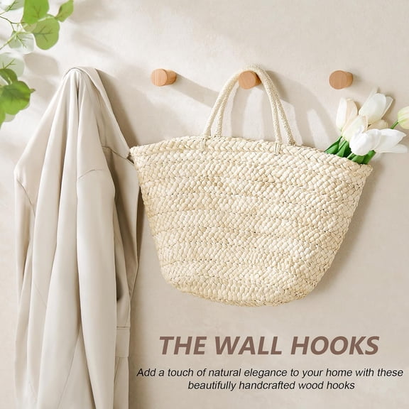 PYYNA-Wooden Wall Hooks 4 Pack, Modern Decorative Coat Hook Wall-Mount, Handmade Rustic Hat Hooks, Entryway Wall Hangers for Hanging Coats Hats Backpack, Bathroom Wood Towel Rack (Natural)