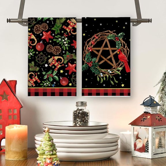 PYYNA-Yule Christmas Kitchen Towels - Pagan Decorations, Dish Towels, Scandinavian Straw Goat Julbock, Mistletoe, New Year Xmas Decor for Home Party
