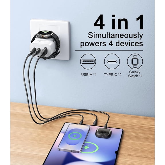 PYYNA-for Samsung Galaxy Watch Charger, Portable Wireless Magnetic, 40W 4-in-1 Travel Essentials Dual USB Wall Charging Block Compatible with Galaxy Watch Ultra 7 6 5 4 3 (White)