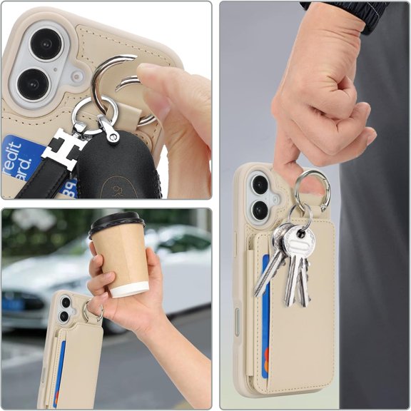 PYYNA-for iPhone 16 case with Card Holder iPhone 16 case Wallet with Keychain Ring and Stand PU Leather Phone case-Off-White