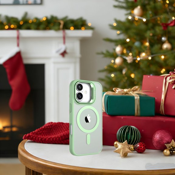 PYYNA-for iPhone 17 Case with Built-in Camera Stash Stand, Compatible with MagSafe,Slim Fit & Lightweight,Magnetic Hard Back Soft Edge Scratch-Resistant Flexible Shockproof Cover,Clear Green