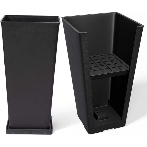 26 inch Tall Black Planters for Outdoor Plants,Set of 2 Tapered Planters with Trays,V-Shape Rectangular Garden Planters for Front Door, and Deck