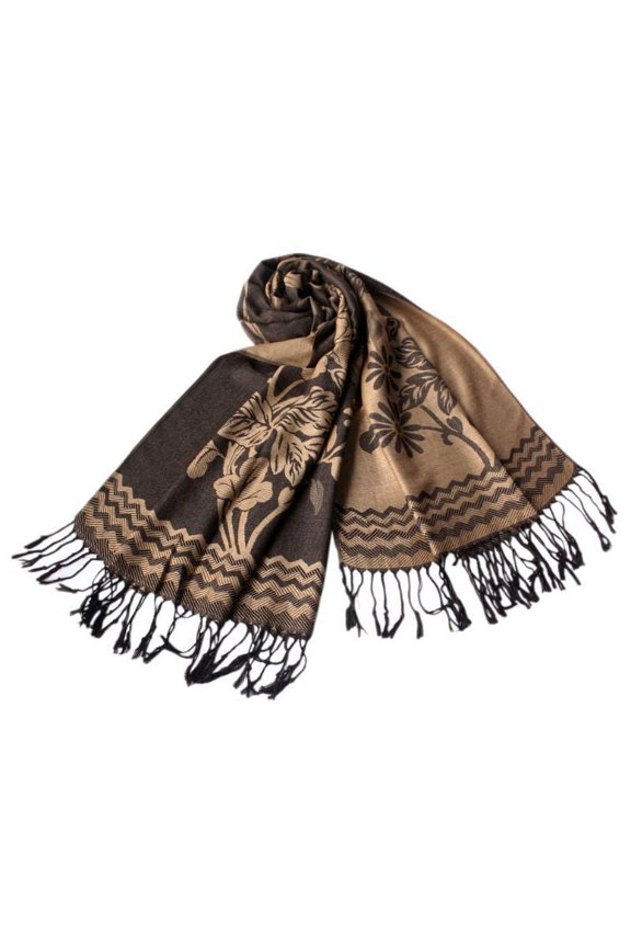 Pa-616-5 Khaki Base Peony Flowers Patterns Exquisitely Soft Woven Pashmina/Shawl/Scarf
