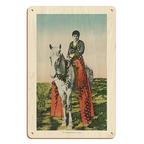 Pa’u Rider - Honolulu Hawaii - Woman (Wahine) on Horseback - Vintage Hawaiian Hand-Colored Postcard c.1909 - 8 x 12 inch Vintage Wood Art Sign