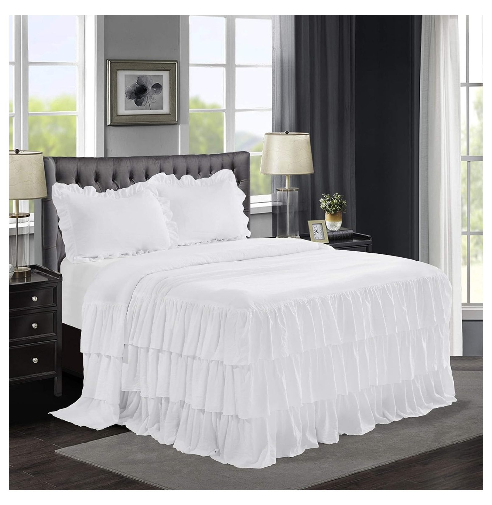 PaFagwy 3 Piece Ruffle Skirt Bedspread Set Queen White 30 inches Drop