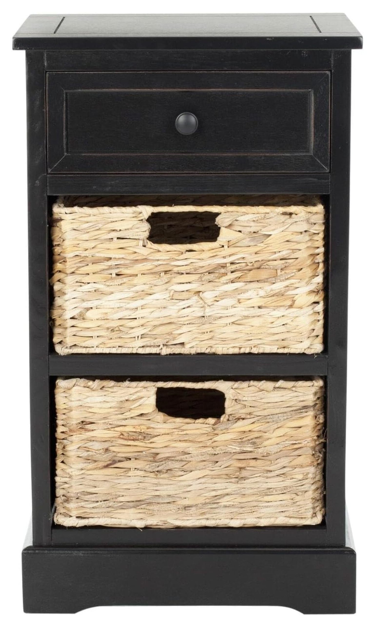Distressed Black Pine Side Table with Wicker Storage