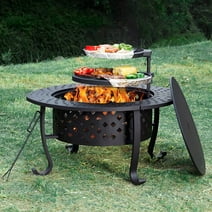 PaPaJet 36 inch Metal Fire Pit with 2 Grill with Lid for Outside, Papajet