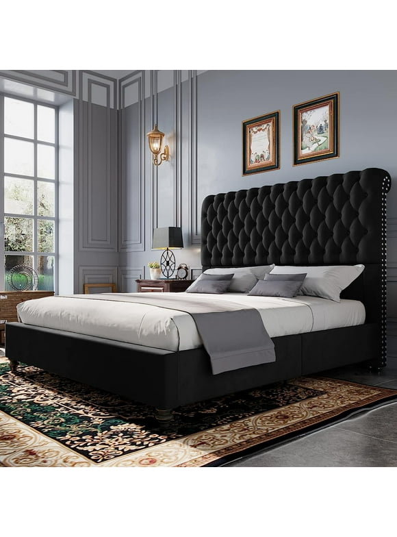 PaPaJet 52.8" High Upholstered Bed Frame King Size Platform Sleigh Bed with Deep Button Tufted Headboard/Easy Assembly/Black