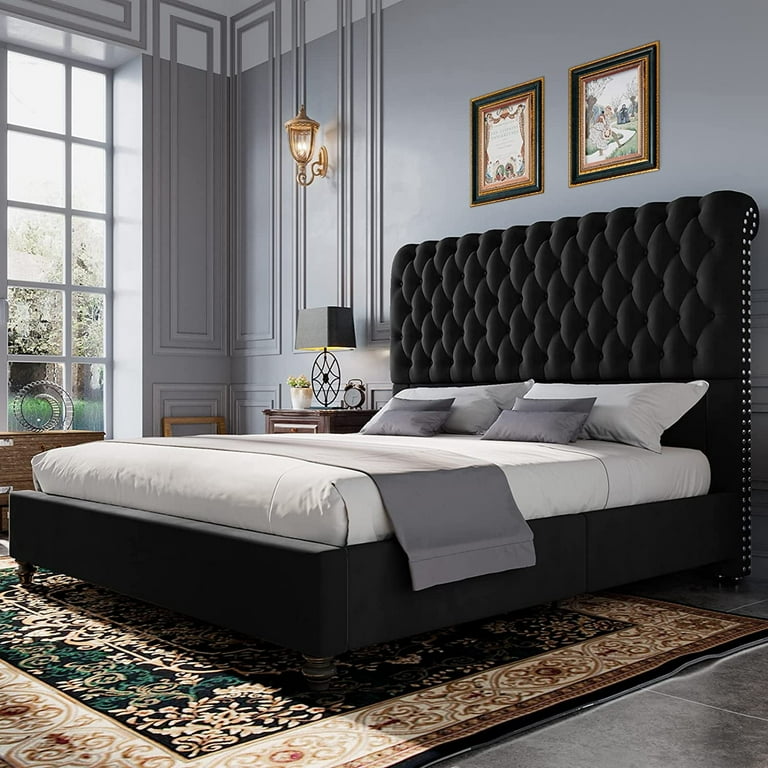 King Bed Frame Complete Set Rails Upholstered Headboard Bedroom Black  Velvet New