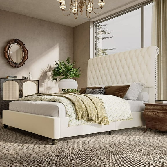 VanAcc Bed Frame Queen Size Low Profile Velvet Upholstered Sleigh Bed Deep Button Rolled Edge Tufted Headboard, Wood Slats Support, Cream