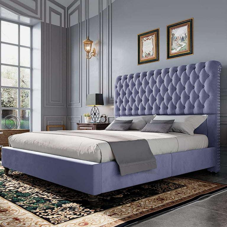 PaPaJet Bed Frame Queen Size Low Profile Velvet Upholstered Sleigh Bed Deep Button Rolled Edge Tufted Headboard Wood Slats Support No Box Spring