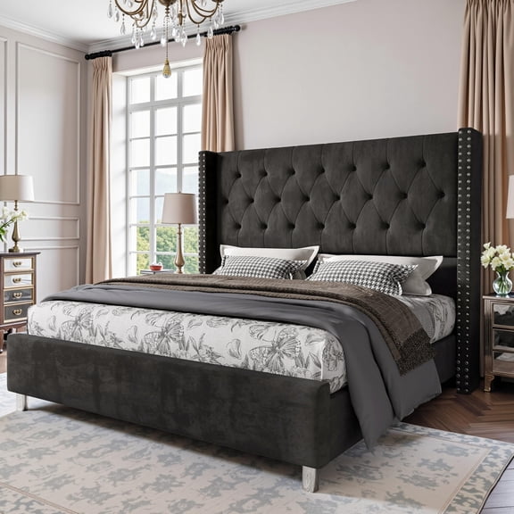 VanAcc Queen Size Bed Frame,Upholstered Velvet Low Profile Platform with Raised Wingback Headboard,Black