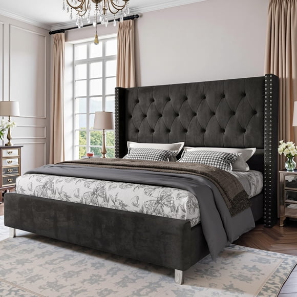 VanAcc Queen Size Bed Frame,Upholstered Velvet Low Profile Platform with Raised Wingback Headboard,Black
