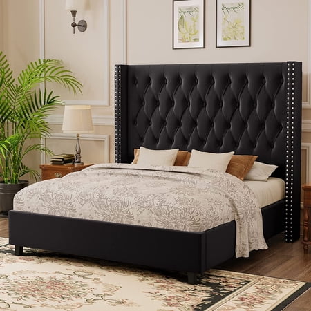 VANACC Bed Frame Queen Velvet Deep Tufted Upholstered Headboard 53", Low Profile Platform Beds, Raised Wingback Handmade Double Pleats/Wooden Slats/No Box Spring Needed/Easy Assembly(Black)