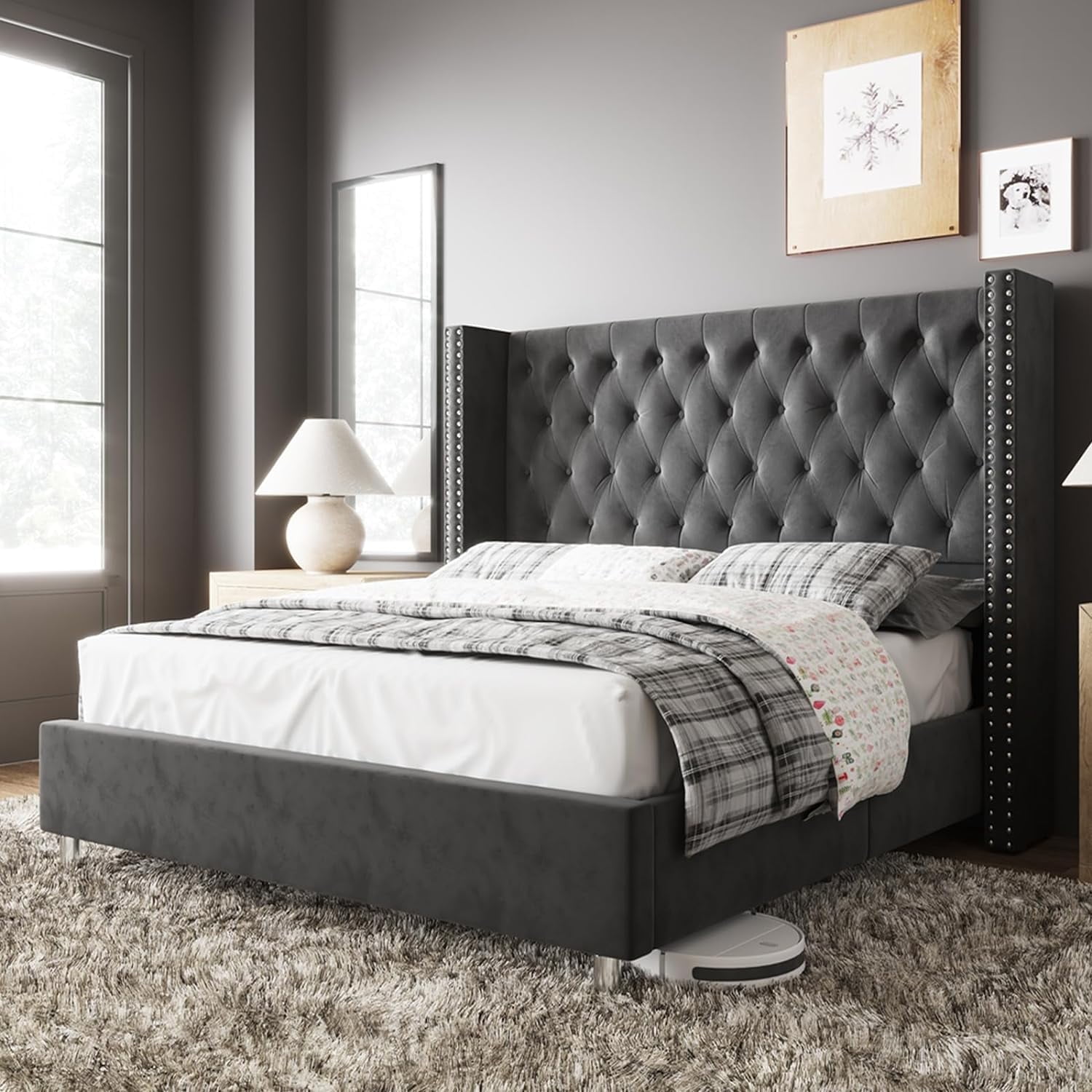 Jocisland King Velvet Upholstered Bed Frame with Wingback Headboard No Box Spring Needed Gray Walmart