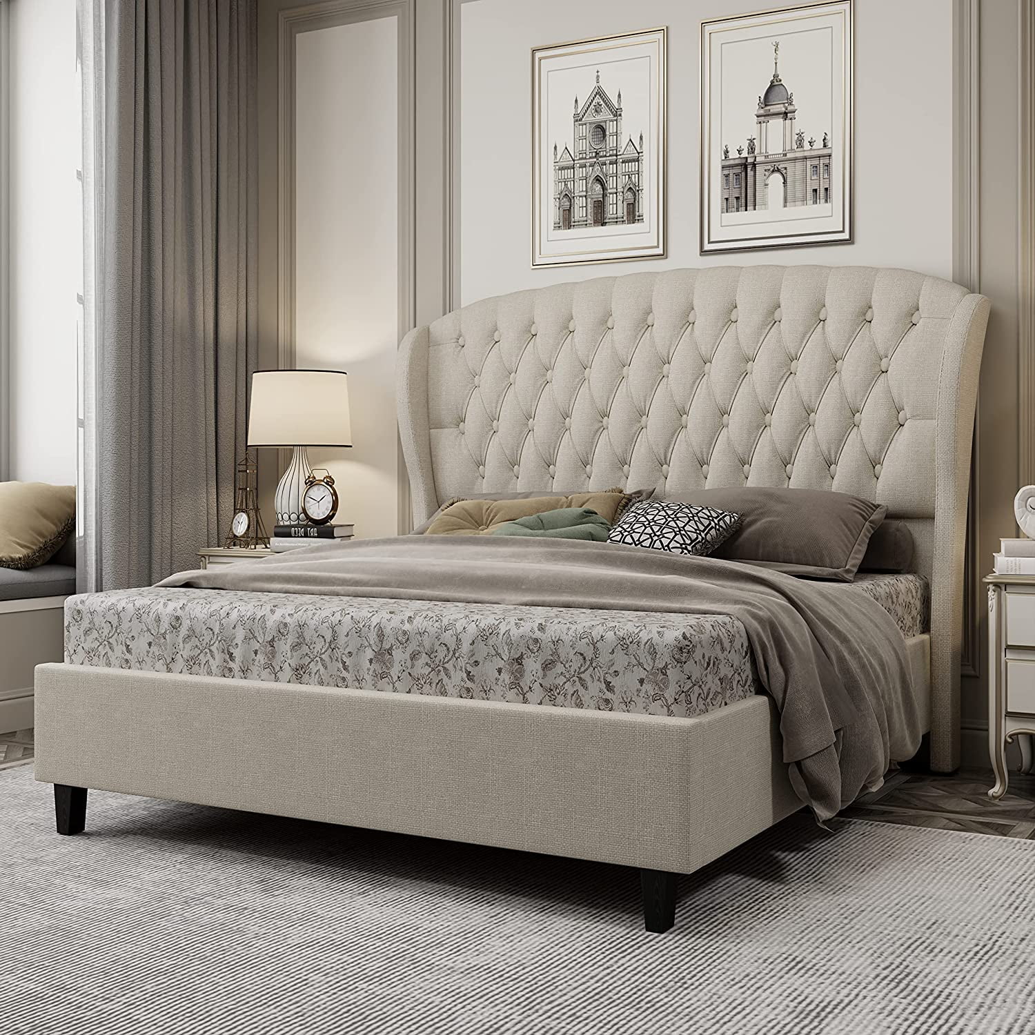 PaPaJet Upholstery Panel King Size Bed Frame Linen Curved Wingback Headboard No Box Spring Needed Beige Walmart