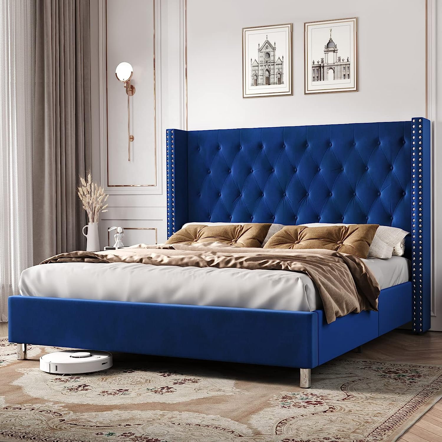 PaPaJet Platform Bed Frame Queen Size Velvet Upholstered Sleigh Bed