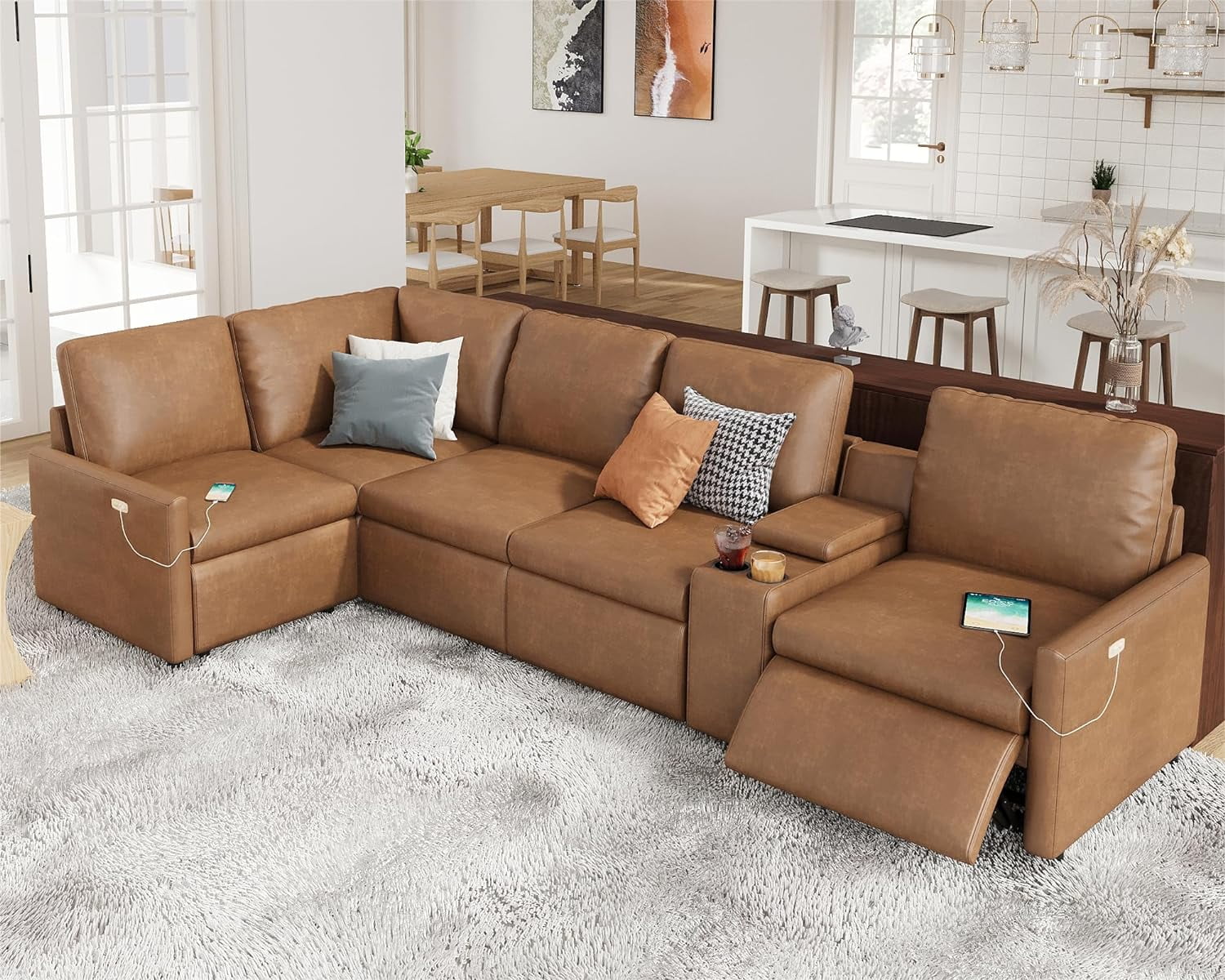 YUNLife&Home Modern 5-Seat Power Reclining Sectional Sofa - L-Shaped With 2 Consoles, 4 Cup Holders (107.5" X 107.5")