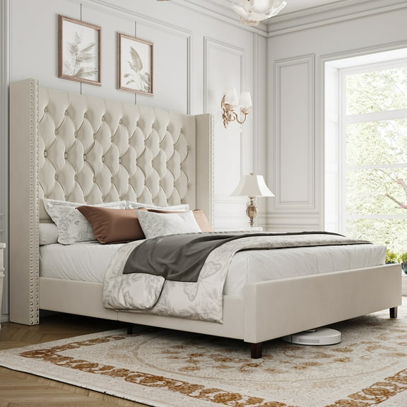 VanAcc Queen Upholstered Platform Bed Frame with Tufted Velvet Headboard, Cream