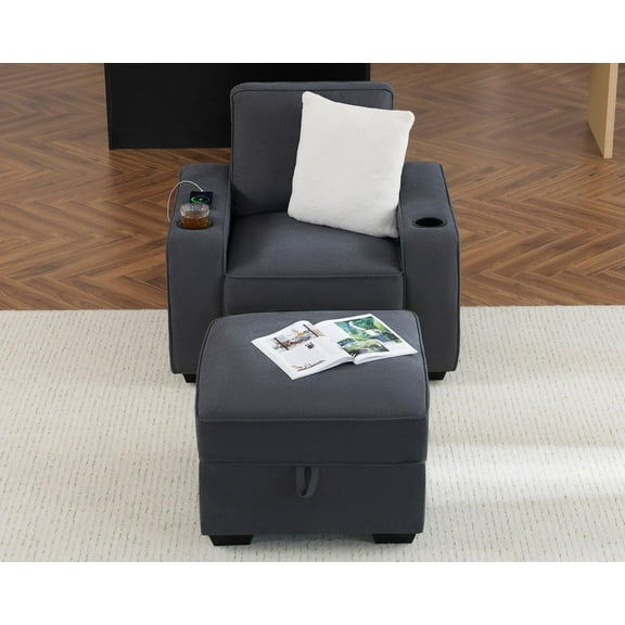 Merluxy Sofa, Sofa Chair with Storage Ottoman, Modern Sofa with Cup Holders & USB Charging Ports, Deep Seat Couch for Living Room(Charcoal Grey Chenille)